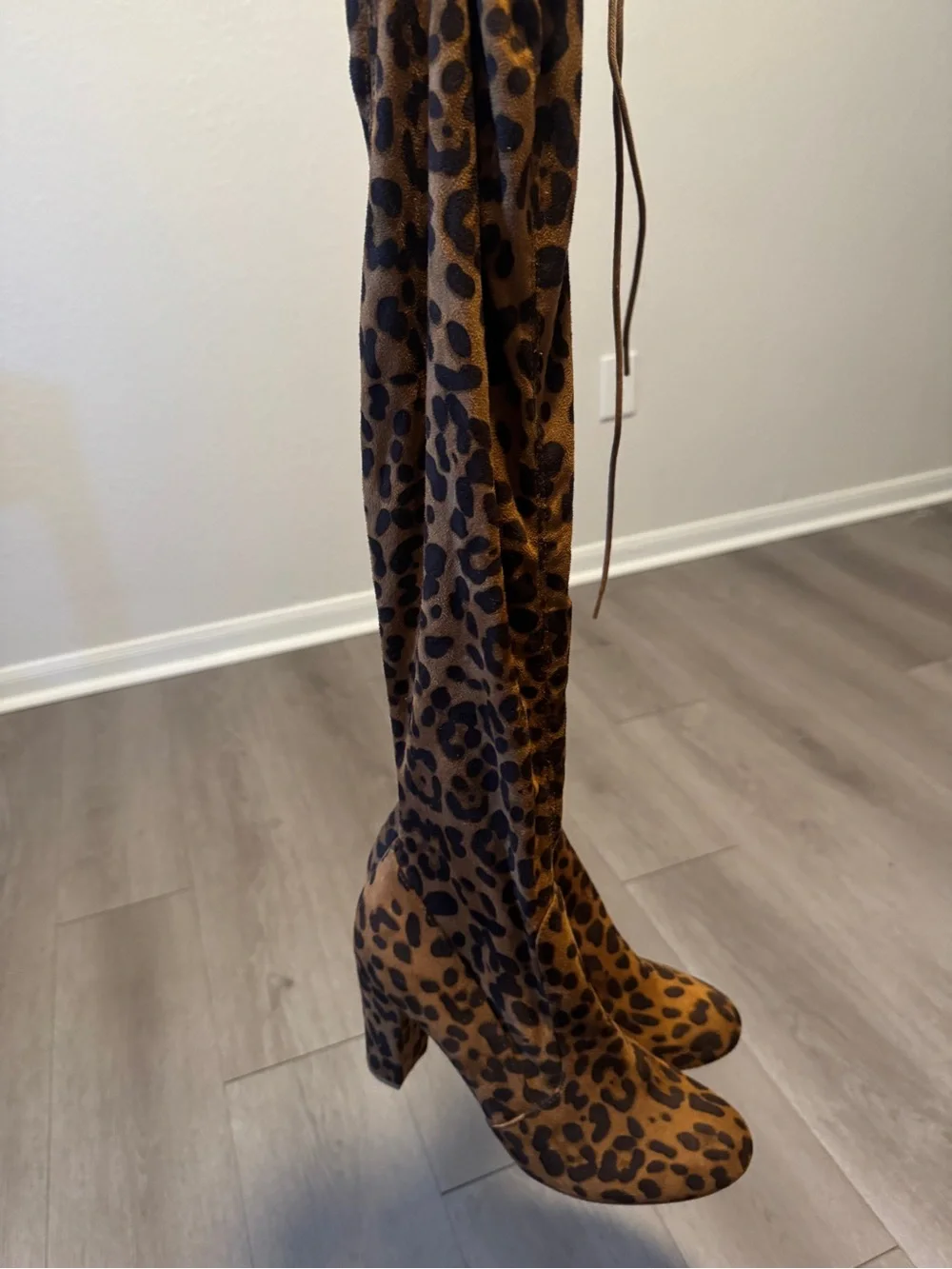 Leopard Print Over-the-Knee Block Heel Boots - Tan/Black